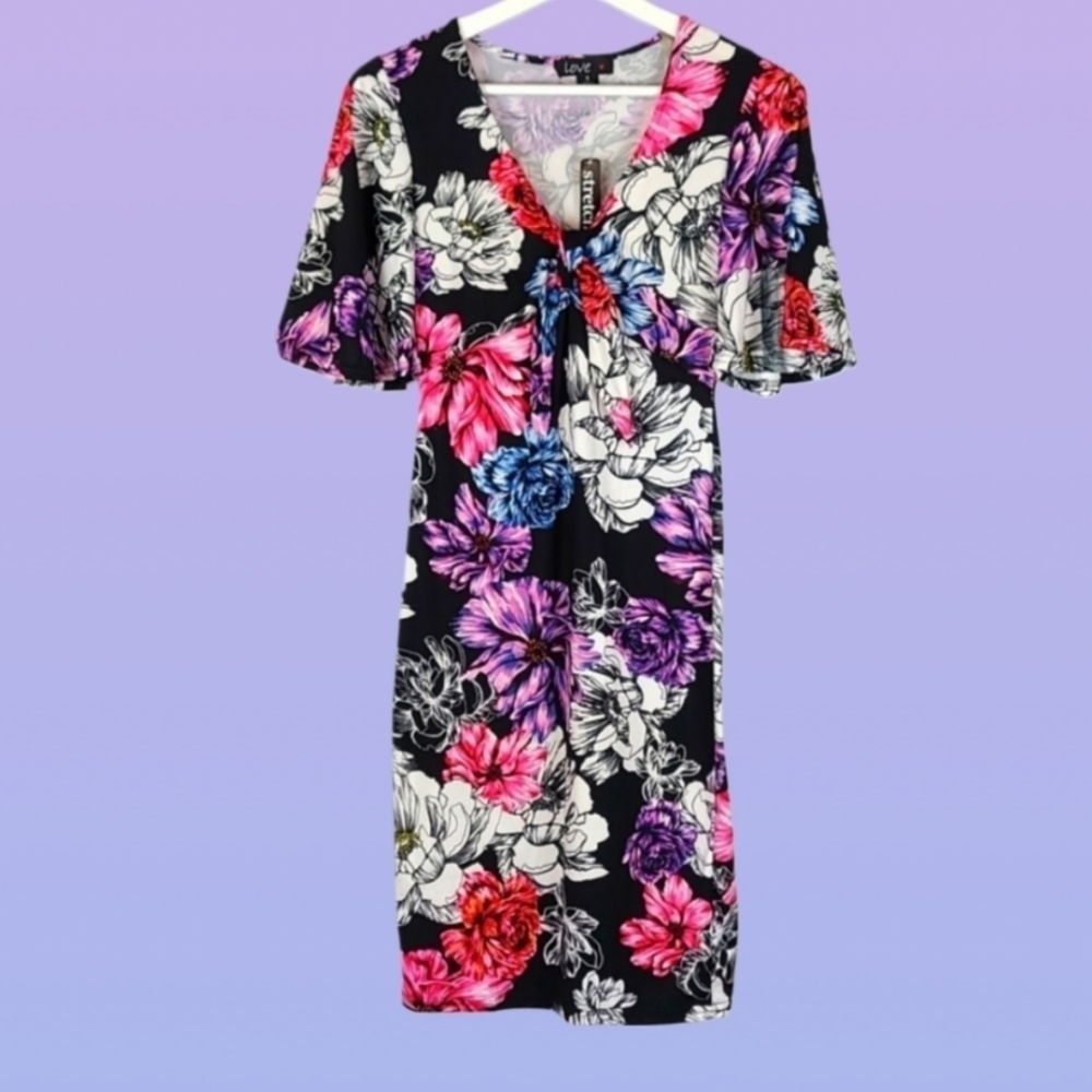 Bold Floral Dress in Multicolor Pink Purple Blue White Black, S